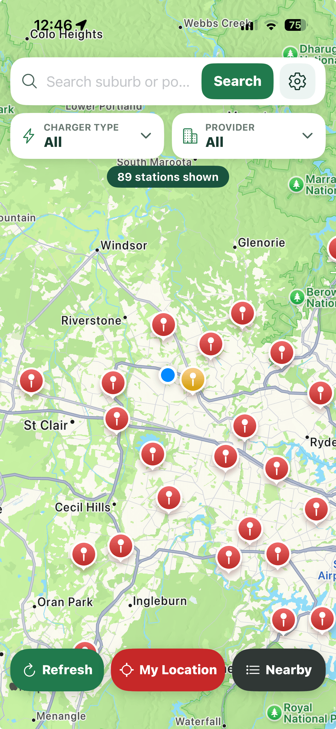 EV Navigator showing public charging stations, search controls and map actions